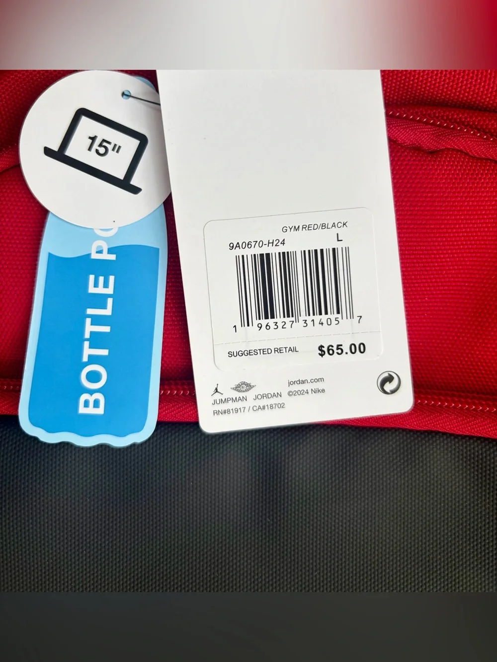 NWT JORDAN Red and Black Backpack - Fits up to a 15” laptop/water bottle holder